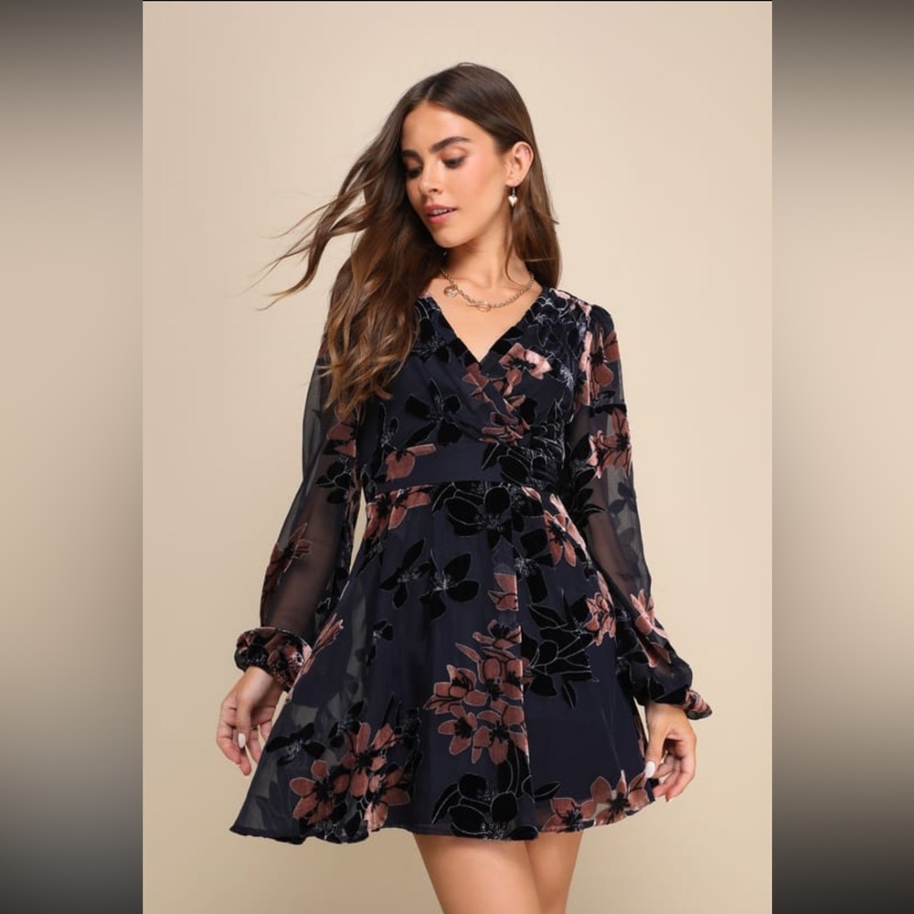 Stunning Feeling Navy Blue Velvet Floral Burnout Mini Dress